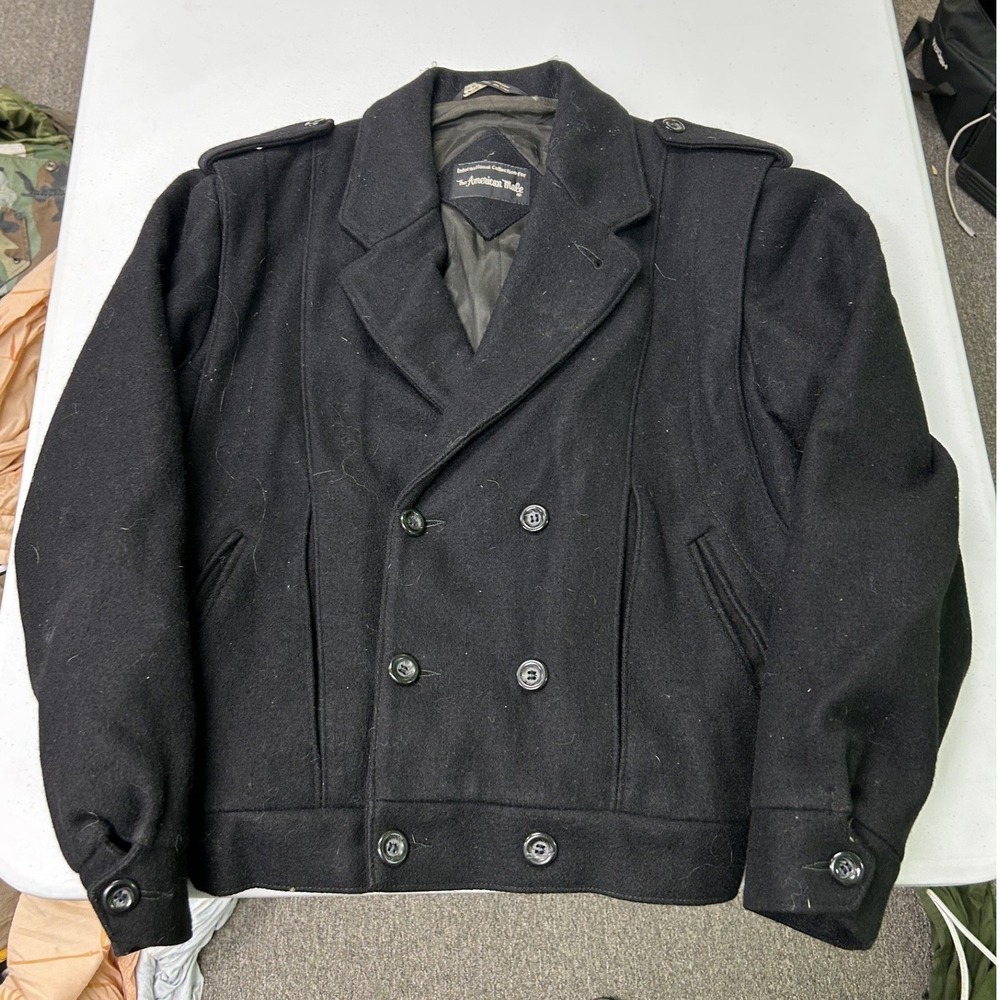 The American Male Wool Jacket Mens 38 Black Double Breasted Peacoat Epaulets G2